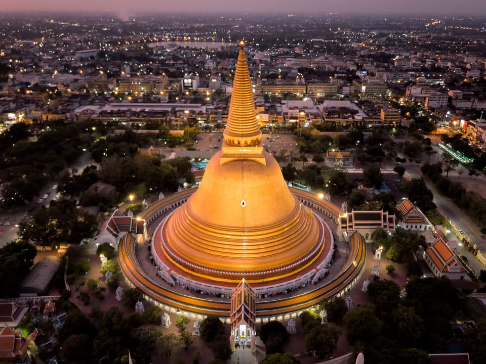 Aerial view of Phra Pathom Chedi at dusk in Nakhon Pathom, Thailand