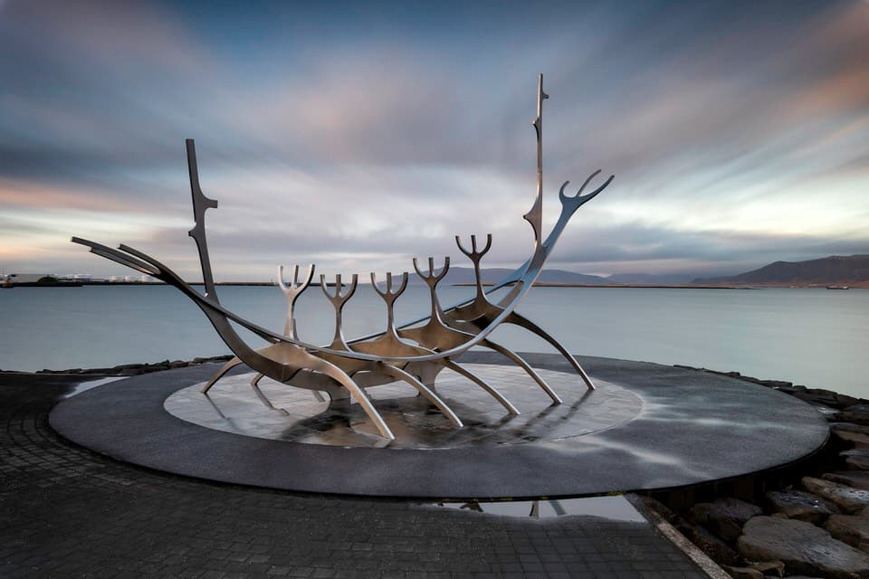 Sun Voyager Sculpture in Reykjavik, Iceland during twilight