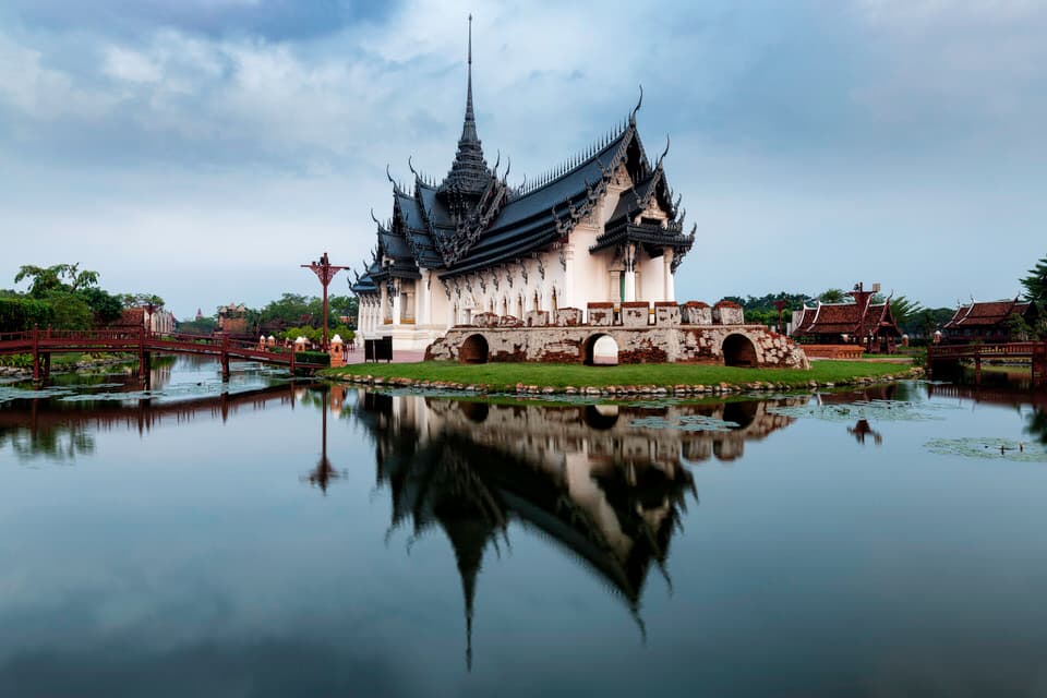 Sanphet Prasat Palace with reflection in Ancient City, Bangkok