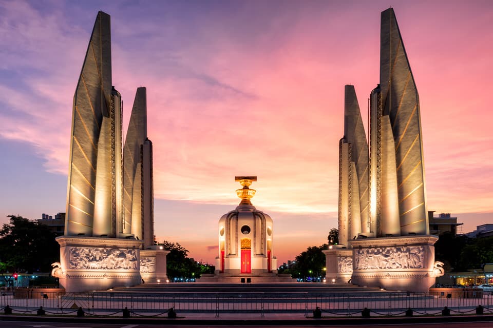 Sunset view of Democracy Monument in Bangkok, Thailand